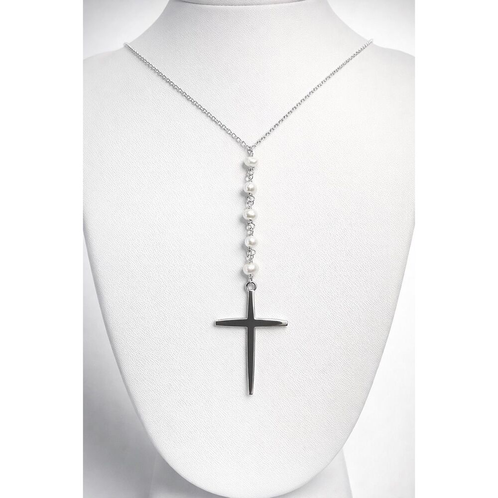 Elegant Pearl Cross Necklace Silver Rosary Style Beaded Chain Necklace Boho New